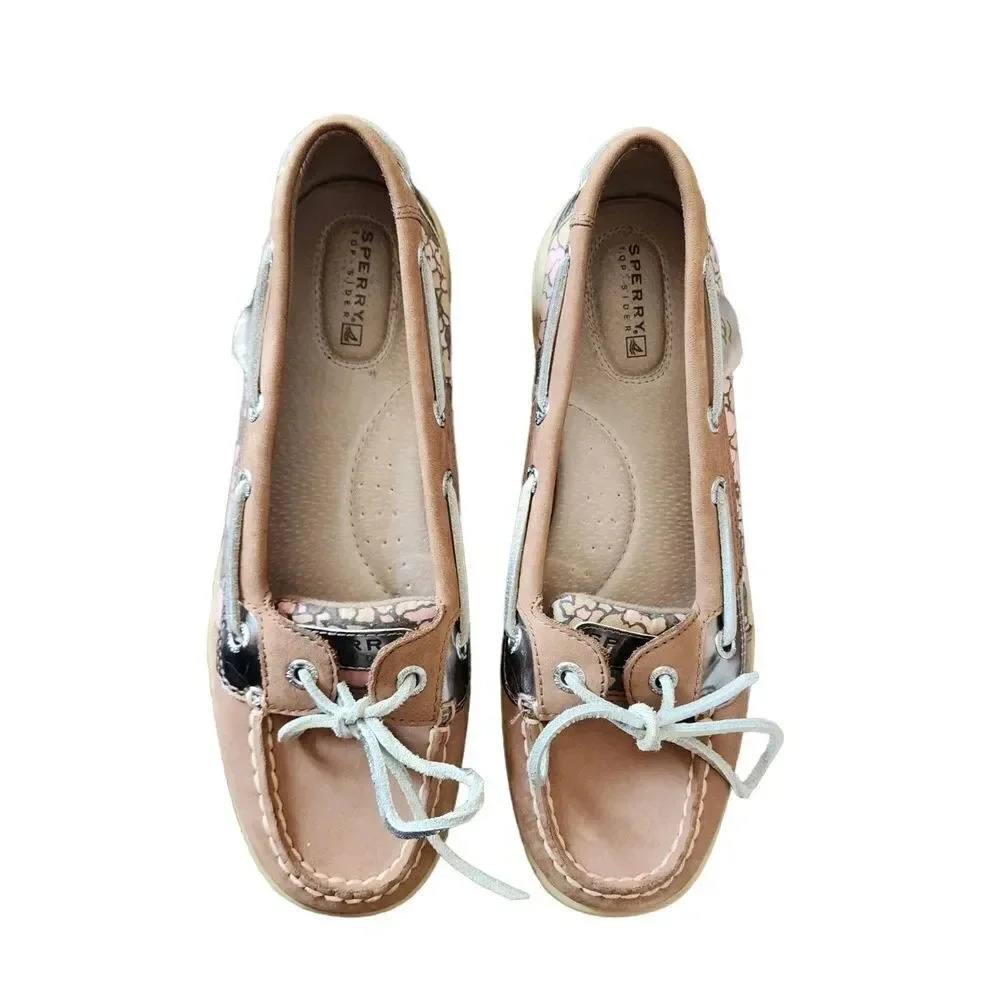 Sperry Topsider Boat Shoes Women Size 7.5 Brown Pink Leather Flat Floral 9102278